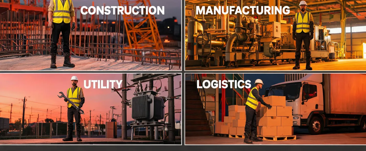 Workers in different industries wearing safety footwear